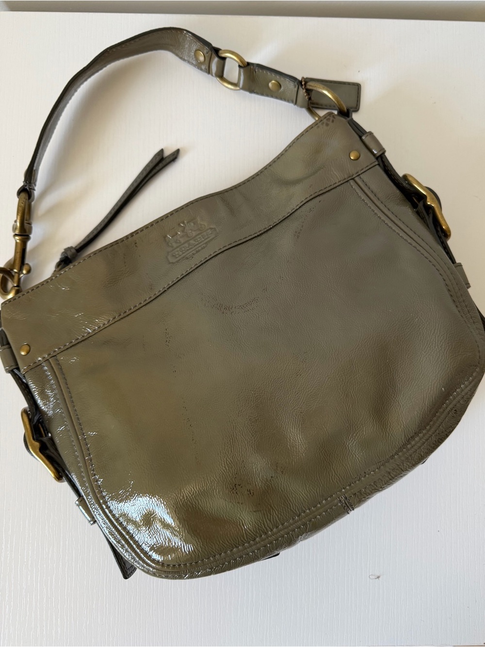 Coach Zoe Patent Leather Hobo Shoulder Bag Olive- Grey 12735 - Picture 6 of 12